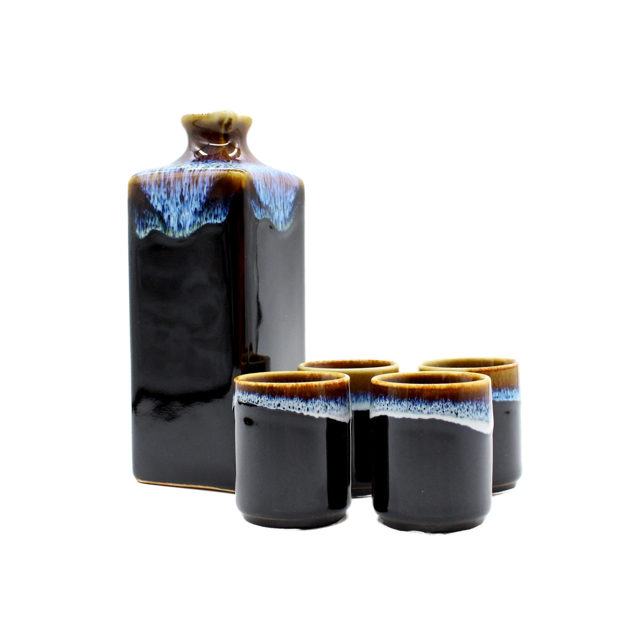 Sake Gift Set For Four - Dark Brown & Blue Line - Image 3