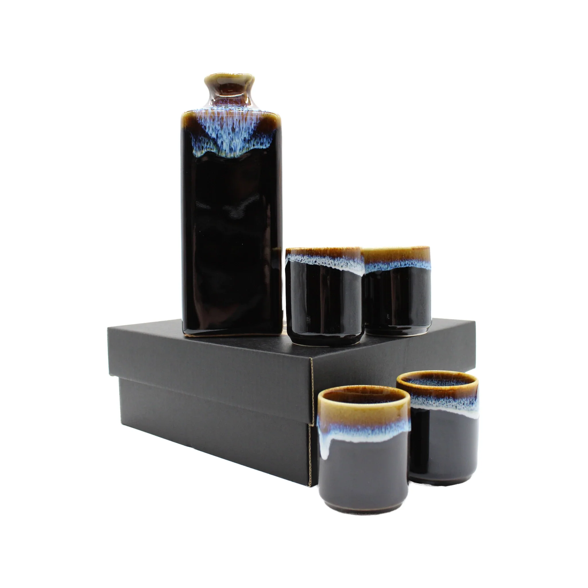 Sake Gift Set For Four - Dark Brown & Blue Line - Image 6